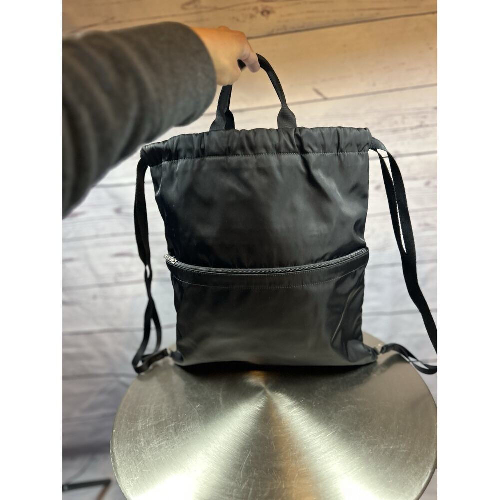Agnes B Black Nylon Drawstring Backpack with Front Zipper Pocket - Picture 2 of 8